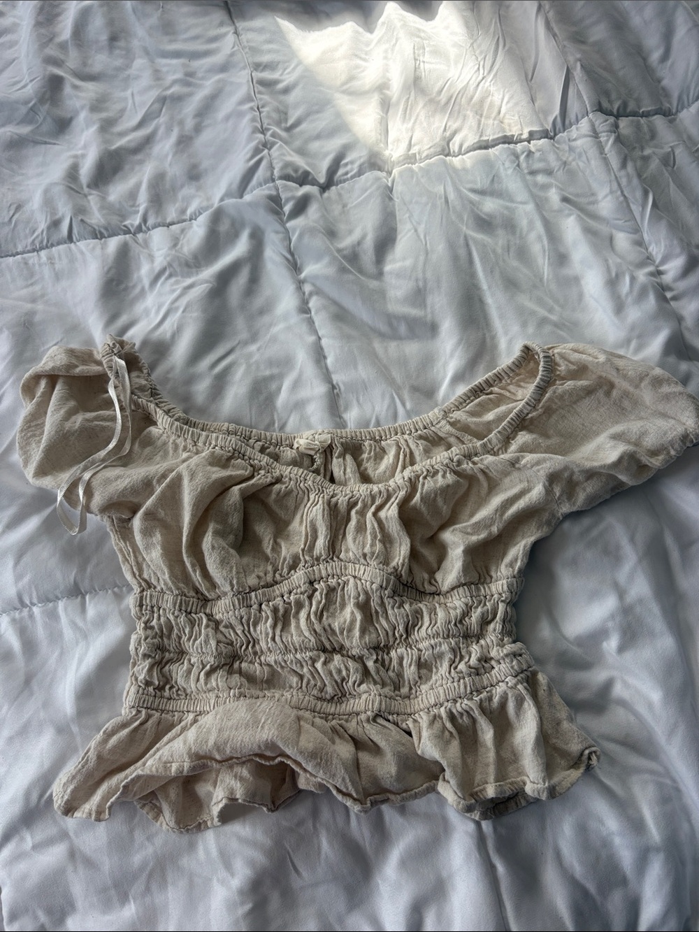 Smocked Off-Shoulder Crop Top in Beige - Women's Summer Blouse